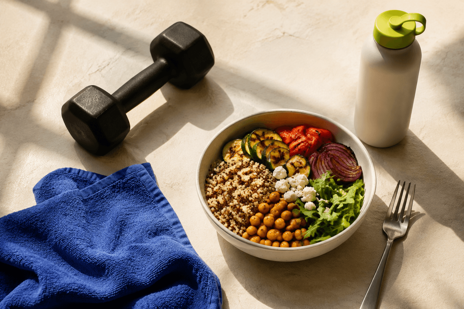A dumbbell, blue workout towel and colourful grain bowl in warm afternoon light